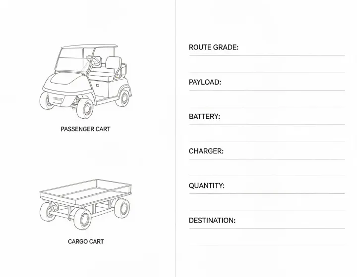 Utility cart requirement worksheet with route and configuration fields